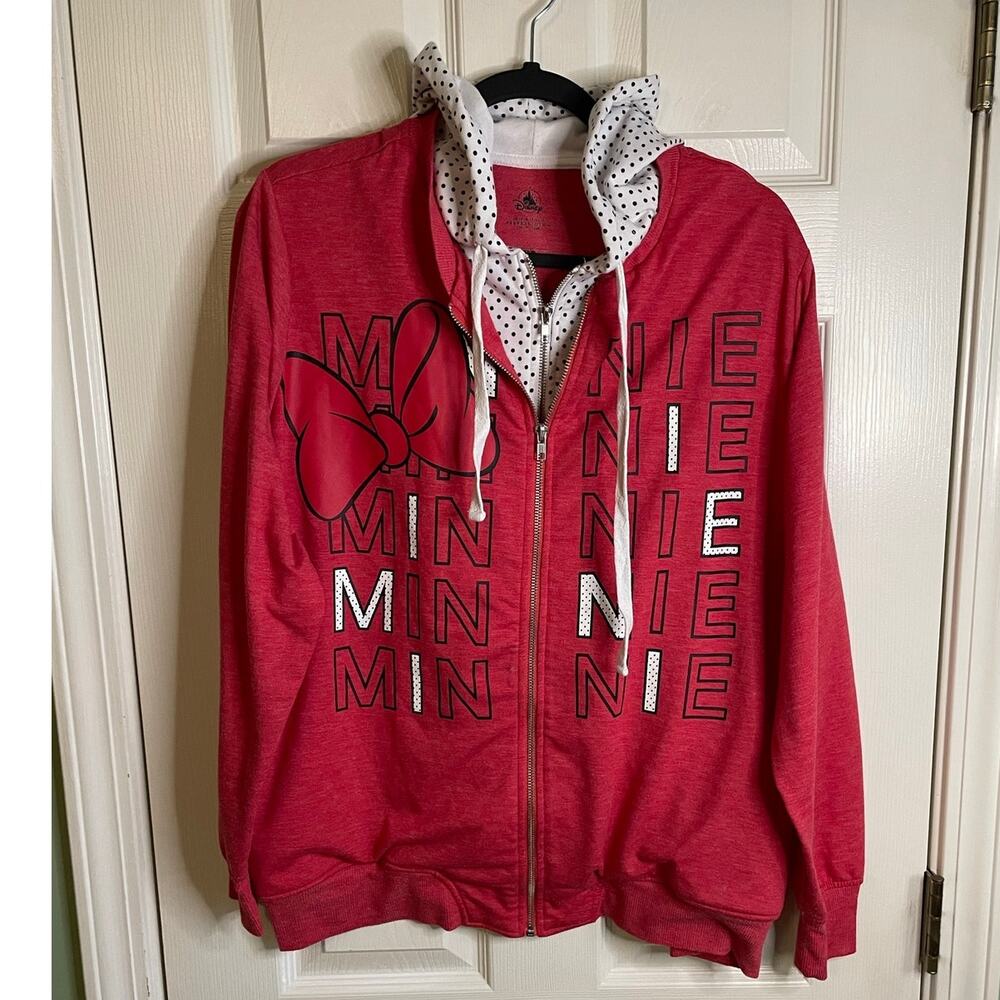 Disney Minnie Mouse Red Hooded Sweatshirt Sz 1X Full Zip Pockets Polka Dots